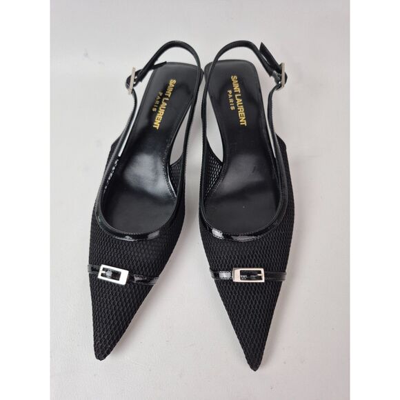 Saint Laurent Black Oxalis Quarida Slingback Mesh Buckle Kitten Heel Pump Size36 - Picture 3 of 6